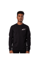 Male model wearing black Grand Prix Racewear sweatshirt with Alpinestars logo, suitable for motorsport enthusiasts and racers.