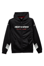 Black racing hoodie with Alpinestars and Grand Prix Racewear branding, ideal for motorsport enthusiasts and racers.