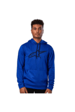 Young man wearing a blue Grand Prix Racewear hoodie with black logo, standing against a plain background.