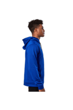Young man in a blue hoodie standing in profile, showcasing casual racing-inspired apparel from Grand Prix Racewear.