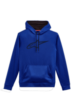 Blue Grand Prix Racewear hoodie with black logo and front pocket, designed for motorsport enthusiasts and racers.