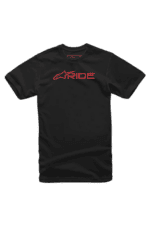 Black racewear T-shirt with red 'RIDE' logo and star graphic, ideal for motorsport enthusiasts and racers.