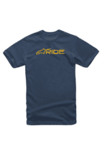 Blue racewear T-shirt with yellow 'RIDE' logo and star graphic, ideal for motorsport enthusiasts and racers.