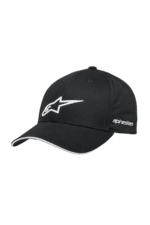 Black Alpinestars racing cap with white logo and embroidered branding, designed for motorsport enthusiasts.