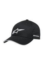 Black Alpinestars racing cap with white logo and branding, ideal for motorsport enthusiasts and racewear fans.