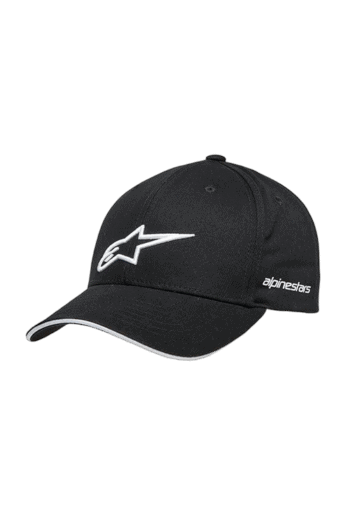 Black Alpinestars racing cap with white logo and embroidered branding, ideal for motorsport enthusiasts.
