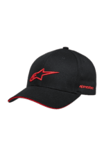 Black racing cap with red Alpinestars logo and red trim, designed for motorsport enthusiasts.