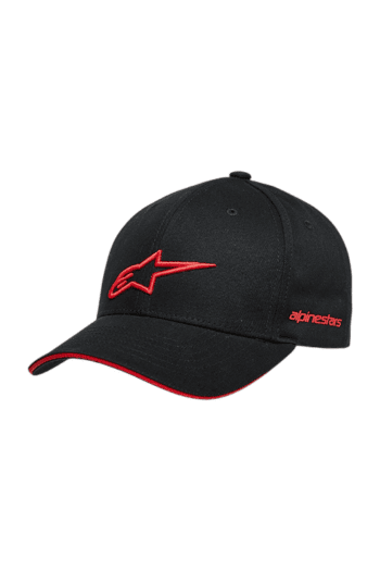 Black racing cap with red Alpinestars logo and red trim, designed for motorsport enthusiasts.