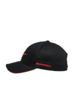 Black racing cap with red and white branding from Grand Prix Racewear, featuring a curved brim and adjustable strap.