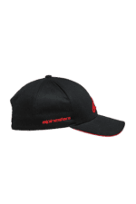 Black racing cap with red 'alpinestars' logo and red accents, designed for motorsport enthusiasts.
