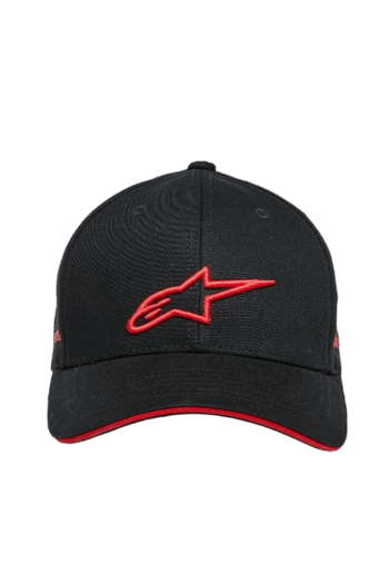 Black racing cap with red embroidered Alpinestars logo, curved brim, and red trim, designed for motorsport enthusiasts.