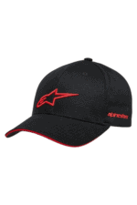 Black Alpinestars racing cap with red logo and trim, ideal for motorsport enthusiasts.