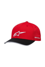 Red and black Alpinestars racing cap with white logo, designed for motorsport enthusiasts and drivers.