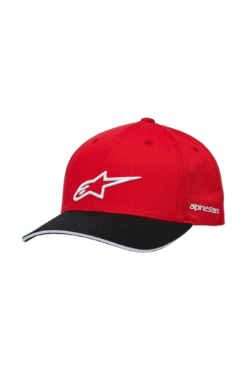 Red and black Grand Prix Racewear cap with Alpinestars logo, ideal for motorsport enthusiasts and racing events.