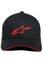 Black Alpinestars racing cap with red embroidered logo, featuring a curved brim and adjustable strap for motorsport enthusiasts.