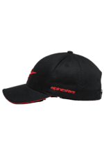 Black racing cap with red 'alpinestars' logo and curved brim, designed for motorsport enthusiasts.