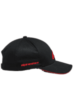 Black racing cap with red 'alpinestars' logo and red accents, designed for motorsport enthusiasts.