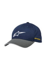 Alpinestars racing cap in navy blue with grey brim and white logo, designed for motorsport enthusiasts.