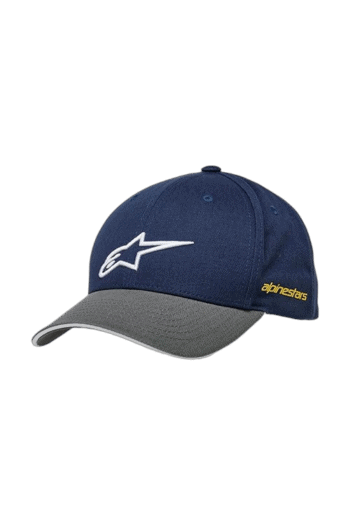 Alpinestars racing cap in navy blue with grey brim and white logo, perfect for motorsport enthusiasts.