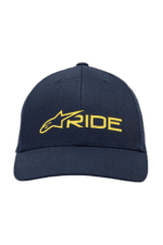 Black cap with yellow 'Alpinestars' and 'RIDE' logos, designed for motorsport enthusiasts.