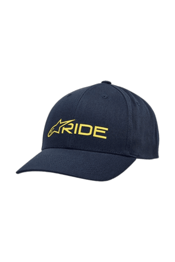 Navy blue Grand Prix Racewear cap with yellow 'RIDE' logo, designed for motorsport enthusiasts and racers.