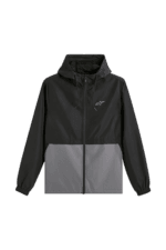 Black and grey Grand Prix Racewear windbreaker jacket with hood, suitable for motorsport enthusiasts and racers.
