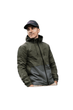 Male model wearing Grand Prix Racewear jacket and cap, showcasing motorsport apparel for racing enthusiasts.
