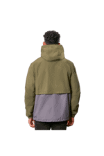 Men's outdoor jacket with a high collar, olive green top section, and grey bottom section, suitable for racing or outdoor activities.