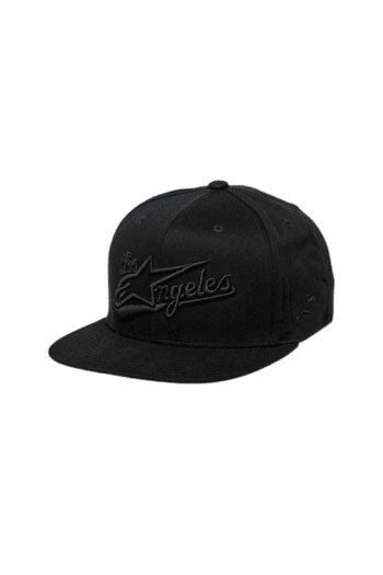 Black snapback cap with 'Los Angeles' embroidered logo, featuring a flat brim and adjustable strap, ideal for motorsport fans and racewear enthusiasts.