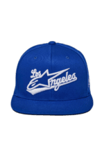 Blue snapback cap with 'Los Angeles' embroidered in white, featuring a star and stylized text, ideal for motorsport fans and racewear enthusiasts.