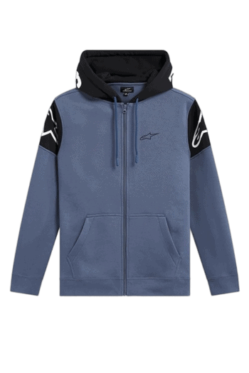 Grand Prix Racewear blue and black zip-up hoodie with logo, ideal for motorsport enthusiasts and racers.