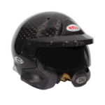 Carbon fibre racing helmet with Bell logo, designed for motorsport safety and performance.