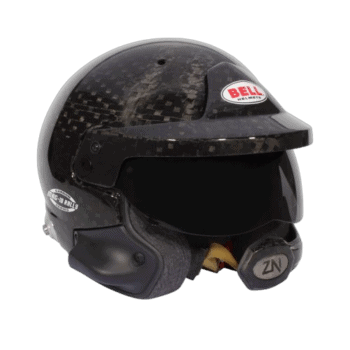 Carbon fibre racing helmet with Bell logo, designed for motorsport safety and performance.