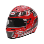Red Bell racing helmet with black and white graphics, designed for Grand Prix racewear, featuring a clear visor and multiple ventilation holes.