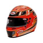 Red Bell racing helmet with black, orange, and yellow graphics, designed for motorsport safety and performance.
