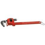 Red steel Stillson pipe wrench with adjustable jaw and long handle for heavy-duty pipe fitting tasks.