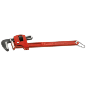 Red steel Stillson pipe wrench with adjustable jaw and long handle for heavy-duty pipe fitting tasks.