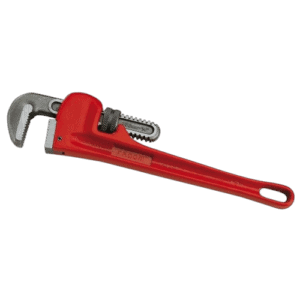Red cast-iron pipe wrench with adjustable jaw, suitable for plumbing and pipe fitting tasks.