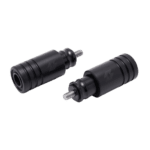 Pair of black Grand Prix Racewear Full-E Charged Frame Protectors with threaded ends for motorcycle protection.