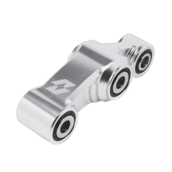 Close-up of a silver racing car suspension component with precision engineering details.