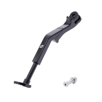 Grand Prix Racewear adjustable side stand for motorcycles, black finish, with mounting bolt included.