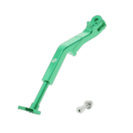 Green motorcycle kickstand with mounting bolt, ideal for Grand Prix racewear and racing bikes.