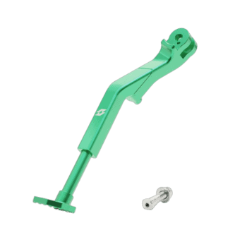 Green motorcycle kickstand with mounting bolt, ideal for Grand Prix racewear and racing bikes.