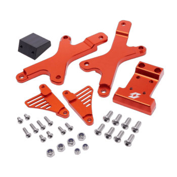 Red anodised racing car parts with screws and nuts, suitable for Grand Prix racewear and motorsport applications.