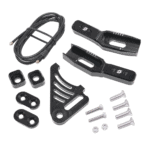 Motorcycle rear swing arm extension and brake hose kit with mounting brackets and hardware for enhanced performance.