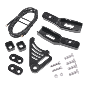 Motorcycle rear swing arm extension and brake hose kit with mounting brackets and hardware for enhanced performance.