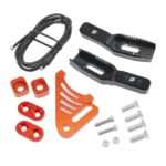 Motorcycle chain adjuster kit with orange and black components, screws, and cable for racing bike maintenance.