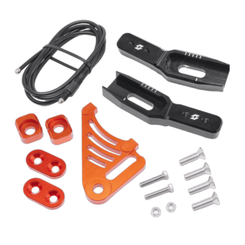 Motorcycle chain adjuster kit with orange and black components, screws, and cable for racing bike maintenance.