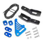 Motorcycle chain adjuster kit with blue and black components, screws, and cable for racing bike maintenance.