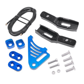 Motorcycle chain adjuster kit with blue and black components, screws, and cable for racing bike maintenance.